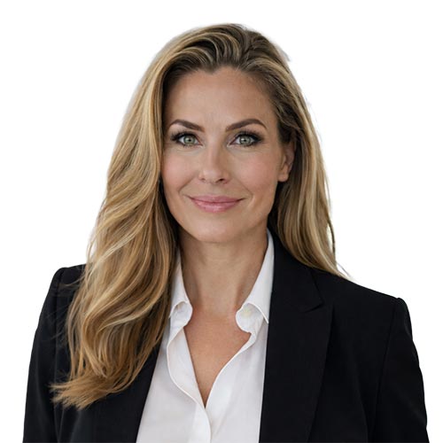 Aimee Love; A woman with long blonde hair and a confident smile, wearing a black blazer and white shirt, stands against a plain white background.