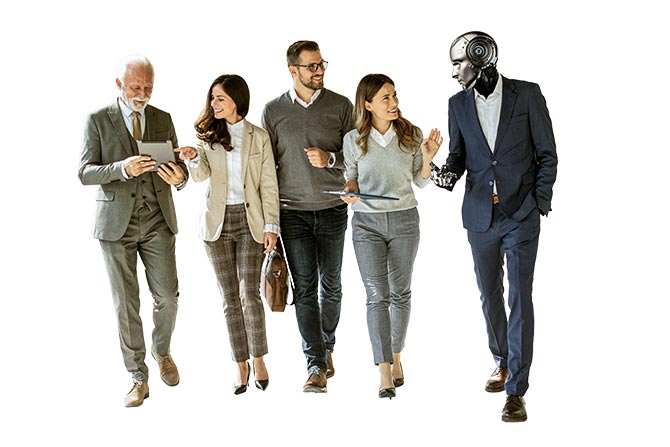 The Future of AI; A diverse group of four business professionals walk confidently alongside a humanoid robot in a suit, symbolizing collaboration and innovation.