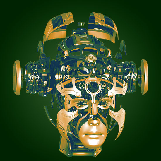 A robot head expanded outward with all the pieces separated but still aligned with each other.
