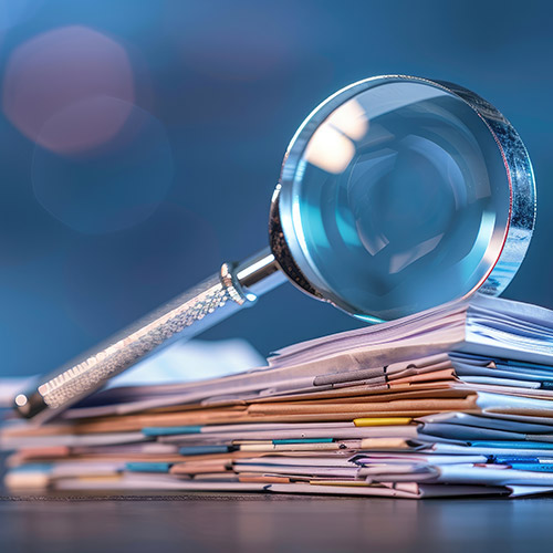 Magnifying glass on top of a stack of papers and folders