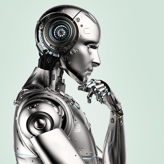 Four-Questions-FEATURE - AI Humanoid Robot in the position of thinking, with fingers on chin.